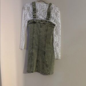 Green Denim Overall Dress with White Lace Top